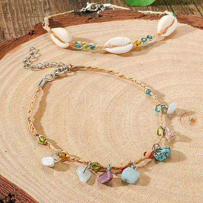 Bohemian Style Mixed Gemstone and Natural Shell Chip Tassel Raffia Cord Double Layer Anklets FS-WGA75A5-05-1