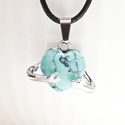 Dyed Synthetic Turquoise Heart with Metal Hands Pendant Necklaces FX8013-10-1