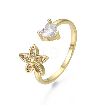 Cubic Zirconia Flower and Heart Open Cuff Ring RJEW-N035-115-1