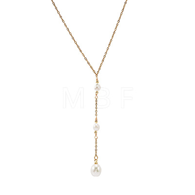 Adjustable Triple Faux Pearl Oval Tassel 304 Stainless Steel Lariat Y Necklaces for Women LS-UT5440-1-1