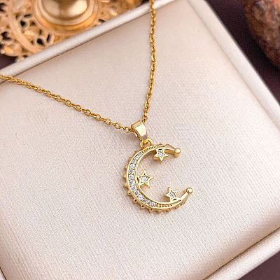 Brass Micro Pave Clear Cubic Zirconia Pendant 304 Stainless Steel Cable Chain Necklaces for Women WG79B21-09-1