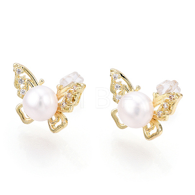 Brass Rhinestone Butterfly & Natural Pearl Stud Earrings PEAR-N020-06G-1