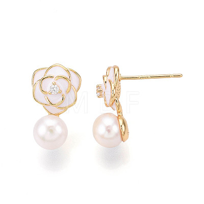 Flower Brass Natural Pearl Dangle Stud Earrings PEAR-N020-06V-1