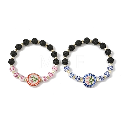 2Pcs 2 Colors Handmade Printed Porcelain Floral Flat Round & Round Natural Lava Rock Beaded Stretch Bracelet Sets BJEW-JB14186-1