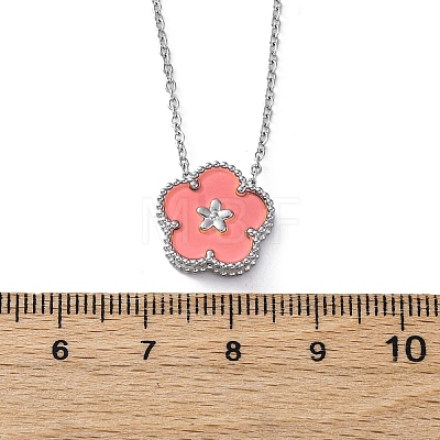 304 Stainless Steel Pink Enamel 5-Petal Flower Pendant Necklaces for Women NJEW-U032-17P-02-1