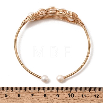 Brass Wire Wrapped Natural Pearl Open Cuff Bangles for Women BJEW-D453-03G-1