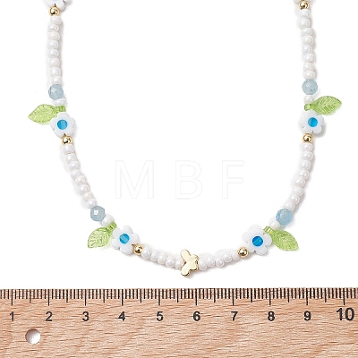 Faceted Round Dyed Natural White Jade & Flower Handmade Millefiori Glass & Glass Seed Beaded Necklaces for Women NJEW-MZ00150-03-1