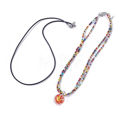 Lampwork Pendants Necklaces and Cowhide Leather Cord Necklaces Set NJEW-JN02317-M-1
