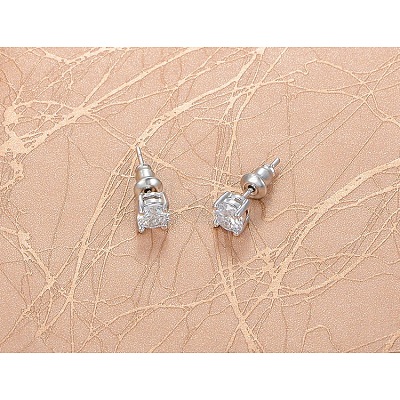 Square Real Platinum Plated Fashion Brass AAA Cubic Zirconia Ear Studs EJEW-AA00166-P-1
