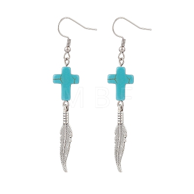 Synthetic Turquoise Cross with Alloy Feather Dangle Earrings EJEW-TA00150-1