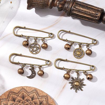 Tibetan Style Alloy Star/Moon/Sun Charms Kilt Pins Brooch JEWB-BR00173-1