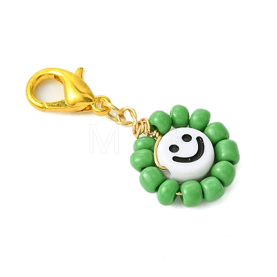 Flat Round with Smiling Face Glass Seed Pendant Decorations HJEW-MZ00093-1