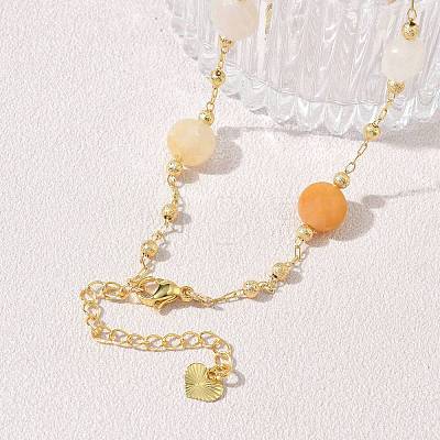 Natural Yellow Aventurine Faceted Flat Round Beaded Chain Necklaces with Matte Brass Beads GG-CBA37F5-01G-08-1