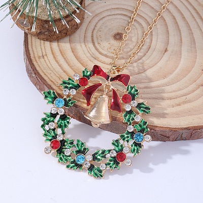 Christmas Wreath & Christmas Bell Alloy Colorful Rhinestone Pendant Necklaces WG06691-07-1