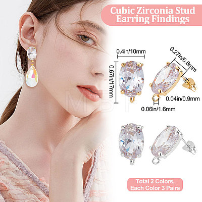 6 Pairs 2 Colors Brass Micro Pave Clear Cubic Zirconia Oval Stud Earring Findings KK-BBC0007-30-1