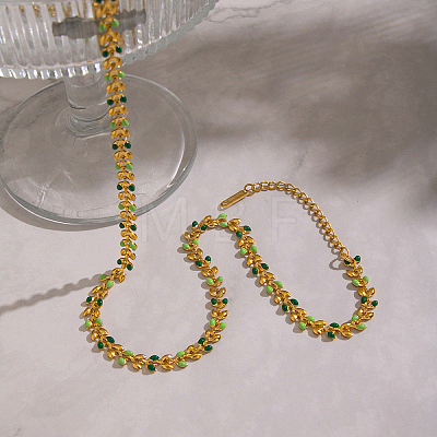 304 Stainless Steel Enamel Green Leaf Link Chain Necklaces for Women OR8327-1