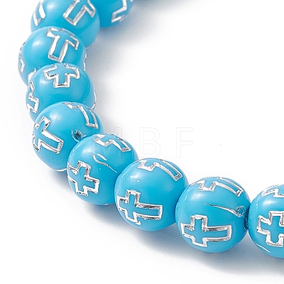 Acrylic Round with Cross Beaded Stretch Bracelet for Women BJEW-JB09220-1