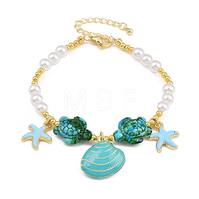 Ocean Brass Enamel Starfish Shell Shape Charm Bracelets for Women KK-CBA68DA-16G-01-1