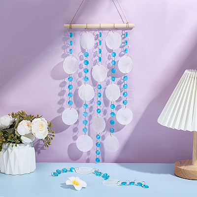 Disc Natural Capiz Shell with Faceted Octagon Glass Beaded Connector Charms AJEW-WH0481-614-1