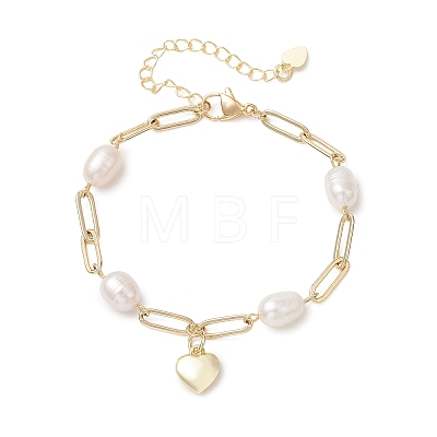 Brass Heart Charms & Paperclip Chains Bracelets BJEW-JB13479-1