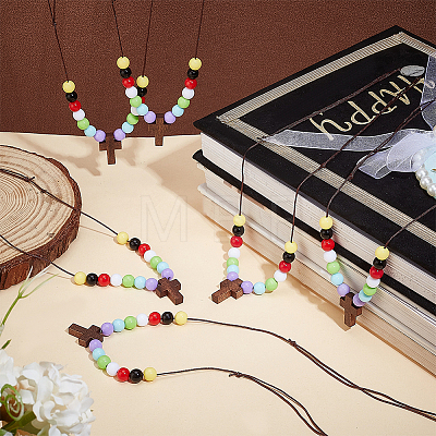 Wood Cross with Acrylic Beaded Pendant Necklaces for Women NJEW-AB00012-1