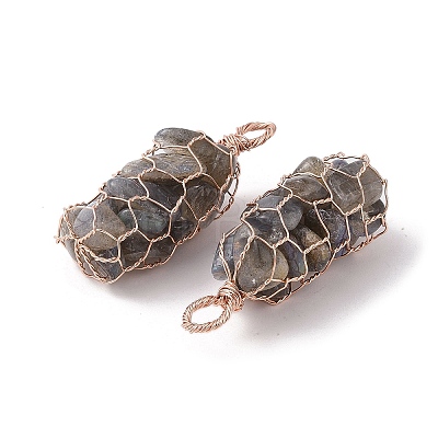 Rack Plating Copper Wire Wrapped Natural Labradorite Chip Big Pendants G-C130-01RG-10-1