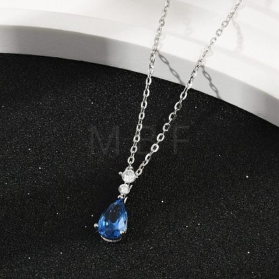 925 Sterling Silver Sapphire Rhinestone Teardrop Pendant Necklace for Women NJEW-V013-01P-1