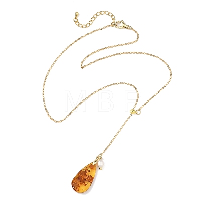 Natural Amber Teardrop Pendant Lariat Y Necklaces with Brass Cable Chains and Natural Pearl for Women NJEW-JN06607-1