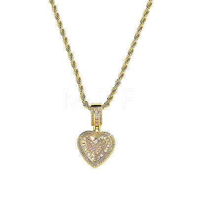 Brass Micro Pave Clear Cubic Zirconia Heart Pendant Rope Chain Necklaces for Women FS-WG43ED0-01-1