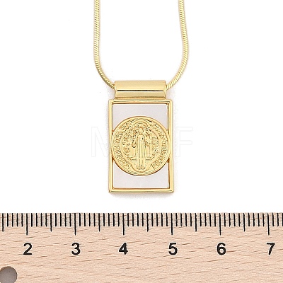 Brass Pave Shell Rectangle Saint Benedict Medal Pendants Necklaces for Women NJEW-Z053-01G-01-1