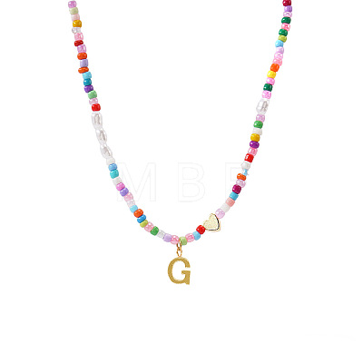 Colorful Beaded Heart Letter Necklace with Pearl Elements Stainless Steel Pendant Jewelry TR2146-7-1