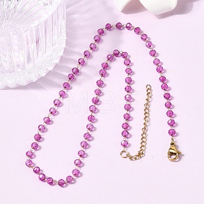 304 Stainless Steel with Glass Faceted Rondelle Bead Handmade Link Chain Birth Stone Necklaces for Women NJEW-G195-01G-08-1