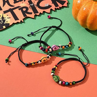 Synthetic Turquoise Skull & Wood Disc Braided Bead Bracelet for Halloween BJEW-TA00260-1