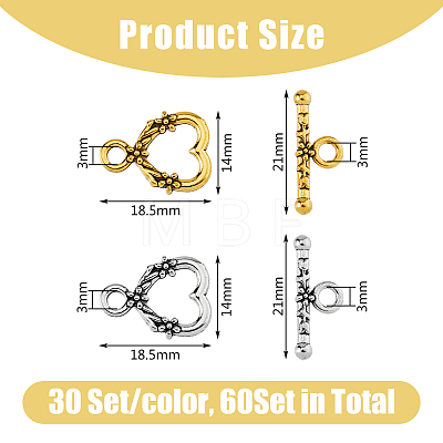 DICOSMETIC 60Pcs 2 Colors Alloy Heart Toggle Clasps FIND-DC0004-36-1