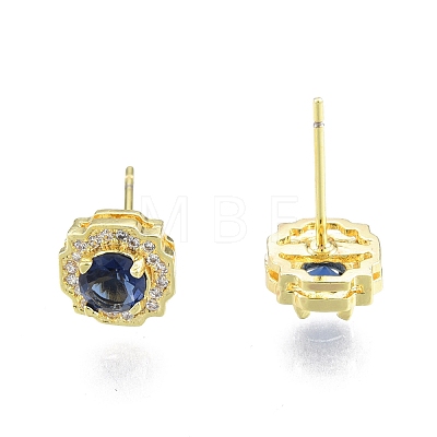 Marine Blue Glass Flower Stud Earrings with Cubic Zirconia EJEW-G322-12G-1