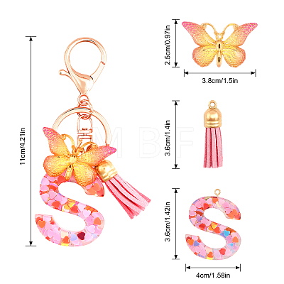 Fashion Alphabet Initial Letter Resin Keychain with Tassel Gradient Butterfly Pendant Key Ring KEYC-WH0027-105A-1