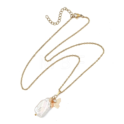 Natural Boraque Keshi Pearl Rectangle and Brass Crystal Rhinestone Butterfly Pendant 304 Stainless Steel Cable Chain Necklaces for Women NJEW-JN06192-1