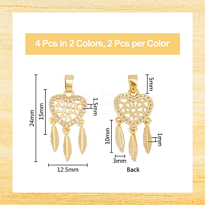 4Pcs 2 Colors Brass Micro Pave Clear Cubic Zirconia Pendants KK-DC0003-38-1