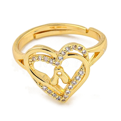 Heart with Letter Rack Plating Brass Micro Pave Clear Cubic Zirconia Adjustable Rings for Women RJEW-I105-01G-A-1