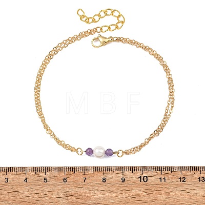 White Round Shell Pearl & Natural Amethyst Beads Anklets AJEW-AN00835-01-1