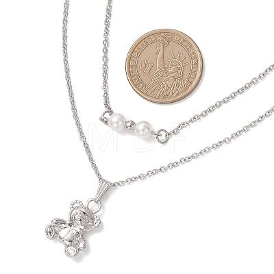 Alloy Bear and White Round Pendant 304 Stainless Steel Cable Chain Double Layer Necklaces for Women NJEW-JN05758-02-1