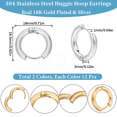 12Pairs 2 Colors 304 Stainless Steel Huggie Hoop Earrings EJEW-SC0001-96-1