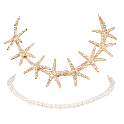Ocean Imitation Pearl Beaded Alloy Starfish Bib Necklace Sets NJEW-Z116-03G-1