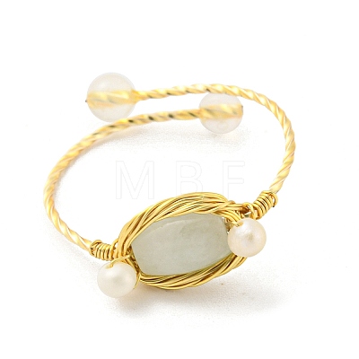 Oval Natural White Agate & Jade Braided Bead Cuff Ring RJEW-H220-45G-1