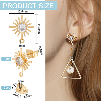10Pcs Brass Micro Clear Cubic Zirconia Sun Stud Earring Findings KK-BC0001-97-1