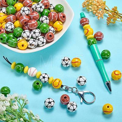 100Pcs 4 Styles Sport Theme Printed Wood European Beads WOOD-SZ0001-31-1