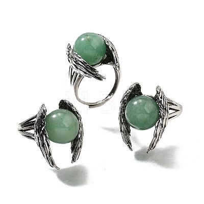 Natural Green Aventurine Wings Adjustable Rings RJEW-K241-04AS-12-1