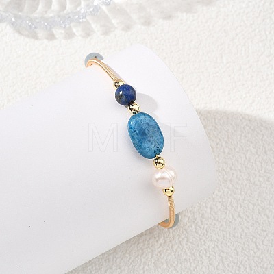 Round & Oval Natural Apatite & Lapis Lazuli & Dyed Quartz & Cultured Freshwater Pearl & Non-magnetic Synthetic Hematite Beaded Bangles BJEW-JB14080-01-1