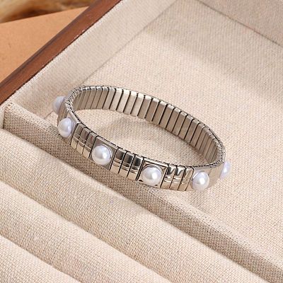 304 Stainless Steel & Plastic Pearl Beads Stretch Bangles for Women WG0AFE3-01-1