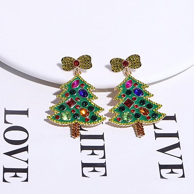 Christmas Trees with Bowknot Alloy Dangle Stud Earrings for Women EJEW-Z078-01A-1